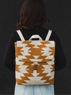 Woven Geometric Pattern Backpack in Mustard and Cream